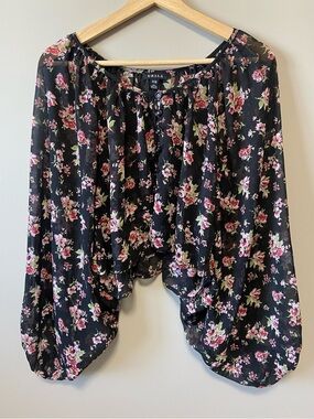 UK2LA Black Sheer Floral Button-Front Blouse with Pink Roses